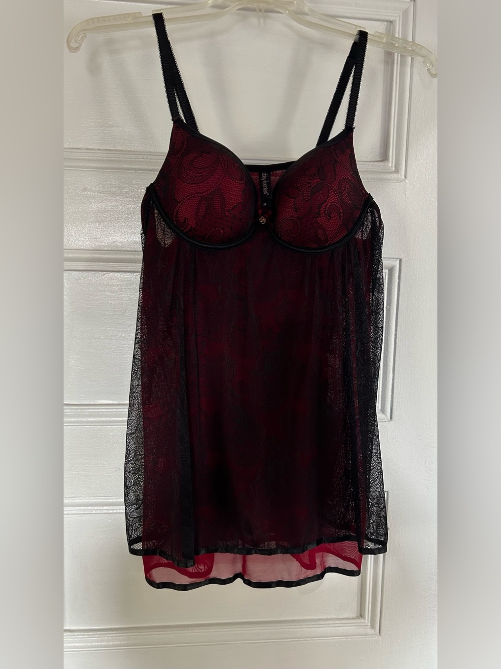 Daisy Fuentes Sheer Lace Babydoll Chemise - Burgundy/Black. Size XL